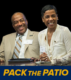Photo illustration shows Chancellor-designate Gary S. May and his wife, LeShelle May, above the text, 'Pack the Patio'