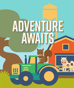 Image: Picnic Day logo 2019, a drawing of a barnyard scene with a cow, tractor, squirrel, tree and water tower, and the slogan Adventure Awaits