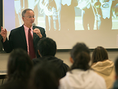Photo: Interim Chancellor Ralph J. Hexter speaks to students at Pioneer High School in Woodland