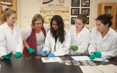 Photo: A professor and students look at experiment results during a biodesign class