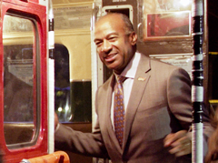 Photo: Chancellor Gary S. May, on Unitrans bus, screenshot from 2017 holiday video greeting