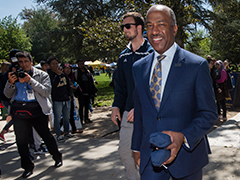 Photo: Chancellor Gary S. May at an event welcoming him to campus
