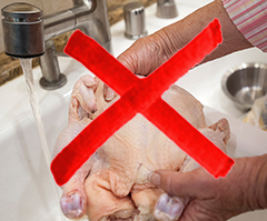 Photo: Christine Bruhn's hands, pretending to wash a chicken in sink, with red X superimposed