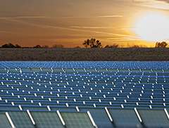 Photo illustration: Solar farm superimposed on UC Davis property, looking east into the sunrise.