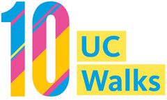 Image: 10 UC Walks logo from T-shirt, in rainbow-like colors, signifying 10th year of UC Walks